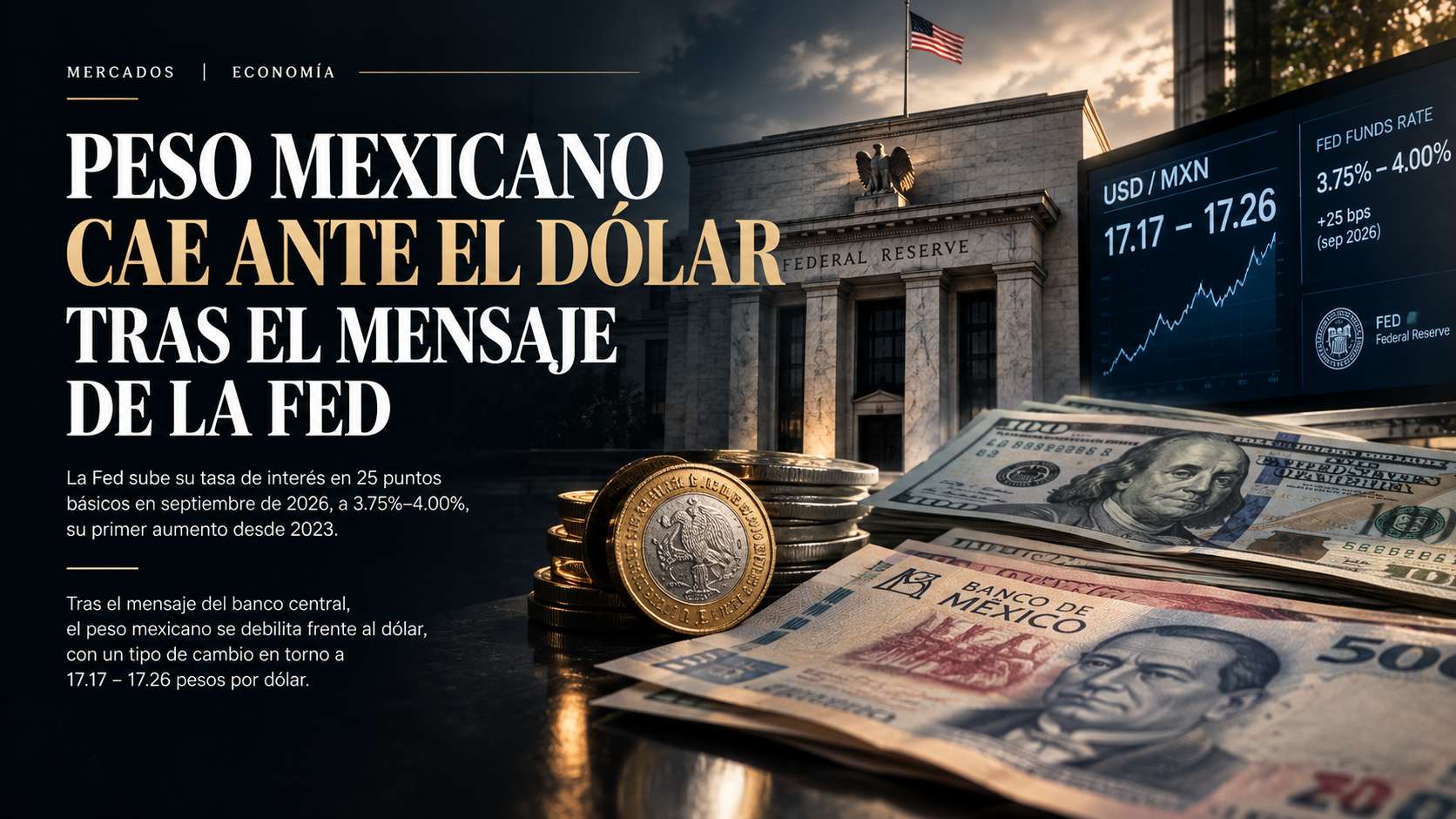Peso mexicano cae ante el dólar tras el mensaje de la Fed