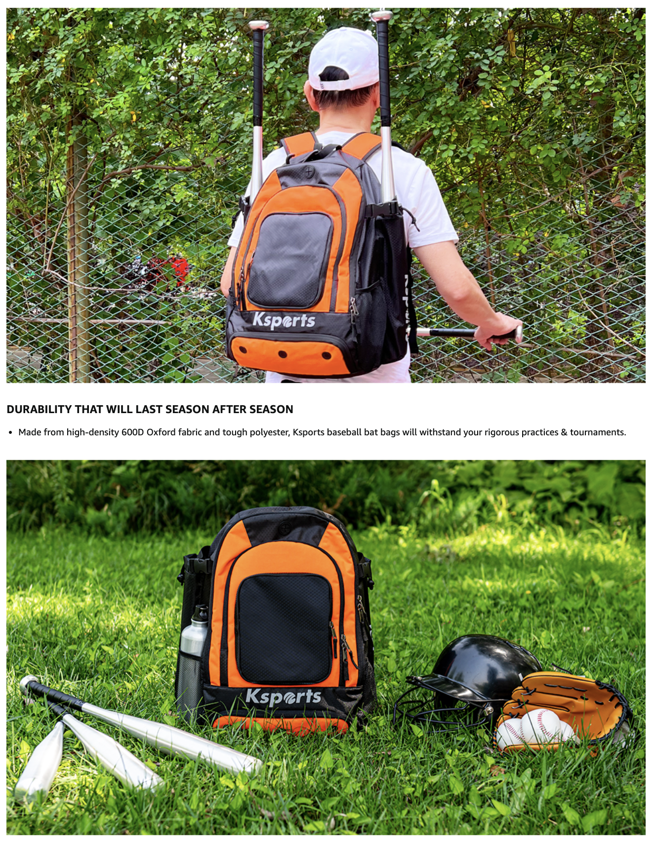 Ksports Baseball Bag Orange Backpack for Baseball, T-Ball & Softball Gear  for Youth & Adults – Holds Bats, Helmet, Gloves with Shoe Compartment 