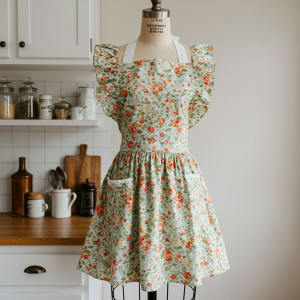 Vintage Floral Cotton Apron with Ruffles
