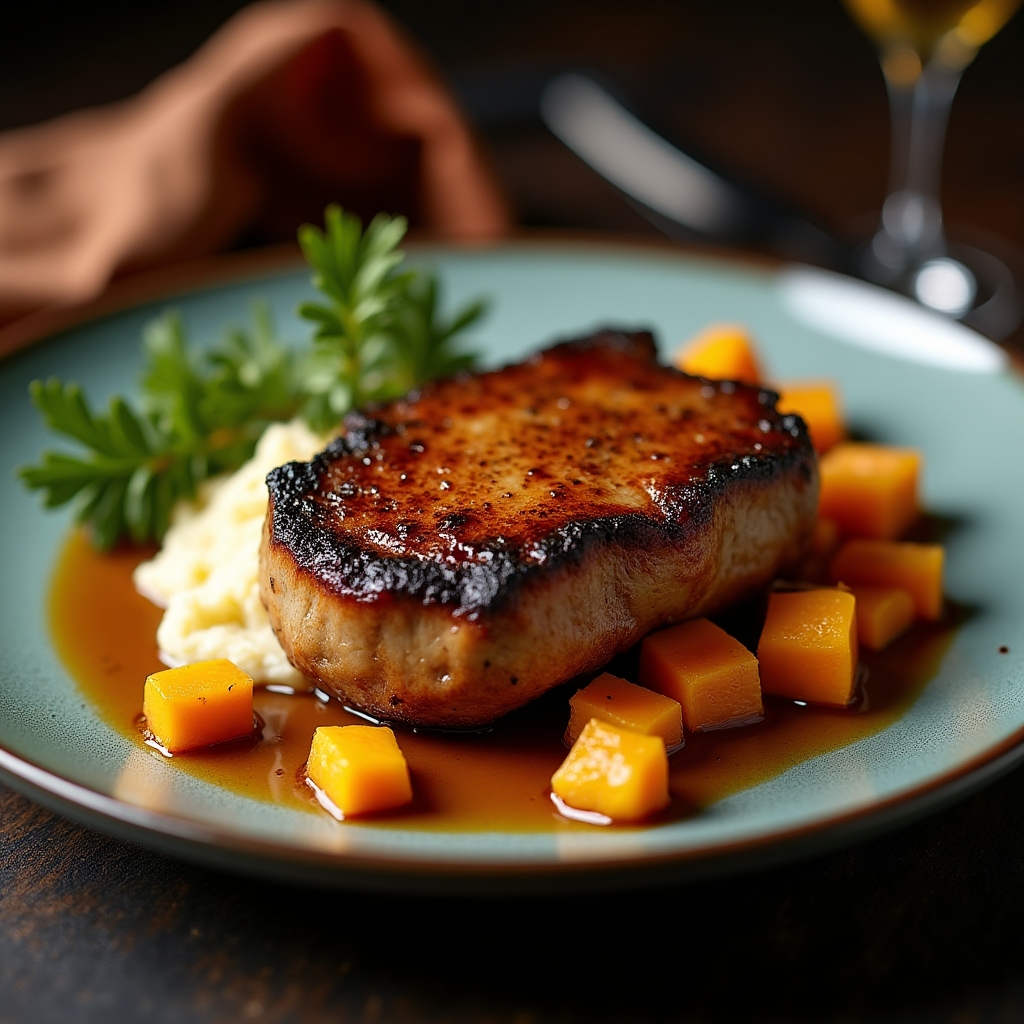 Maple Bourbon Berkshire Pork Chop presentation