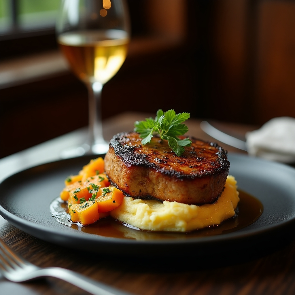 Maple-Glazed Berkshire Pork Chop presentation