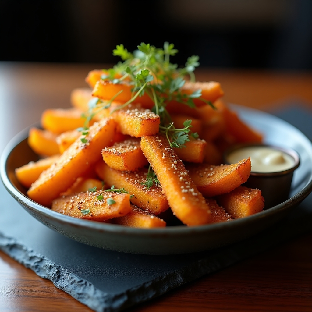 Hazelnut-Dusted Yam Fries with Sofrito Aioli presentation