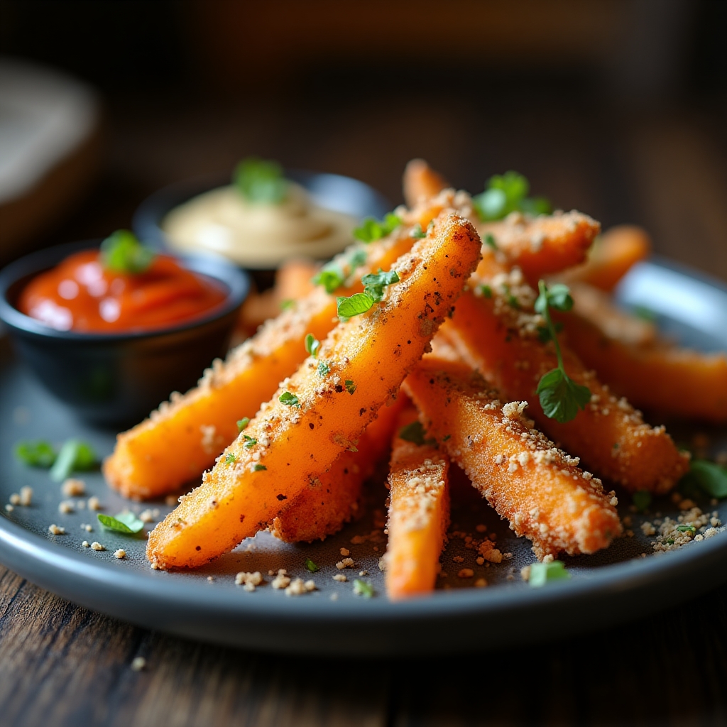 Hazelnut-Dusted Yam Fries & Spiced Dip Trio presentation