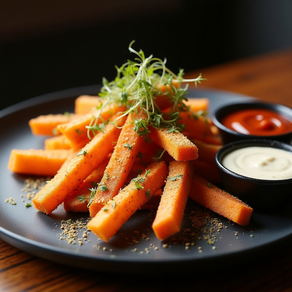 Hazelnut-Dusted Yam Fries with 2030 Trio Dip presentation