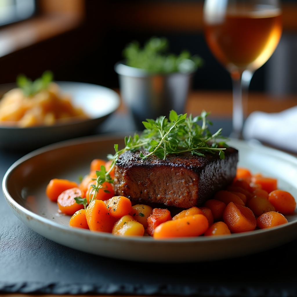 Cider-Braised Short Ribs with Carrot Romesco presentation