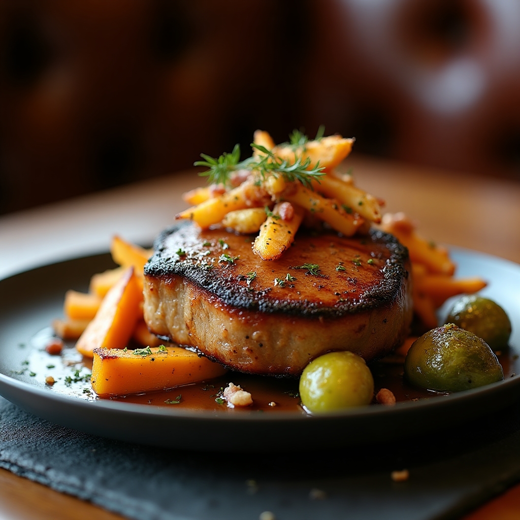 Maple-Bourbon Pork Chop with Hazelnut-Dusted Yam Fries & Bacon Brussels presentation