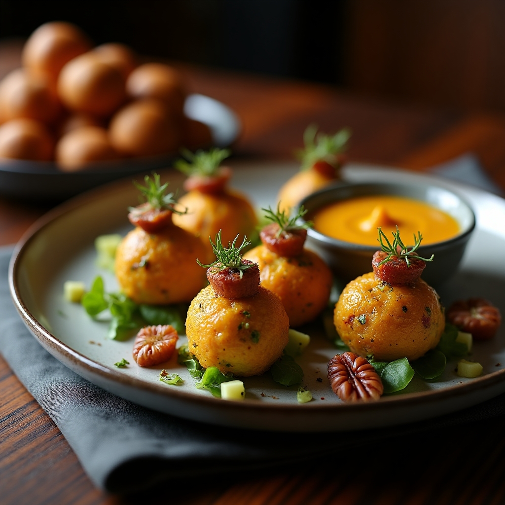 Warm Bacon-Brussel Bites & Butternut Dip presentation