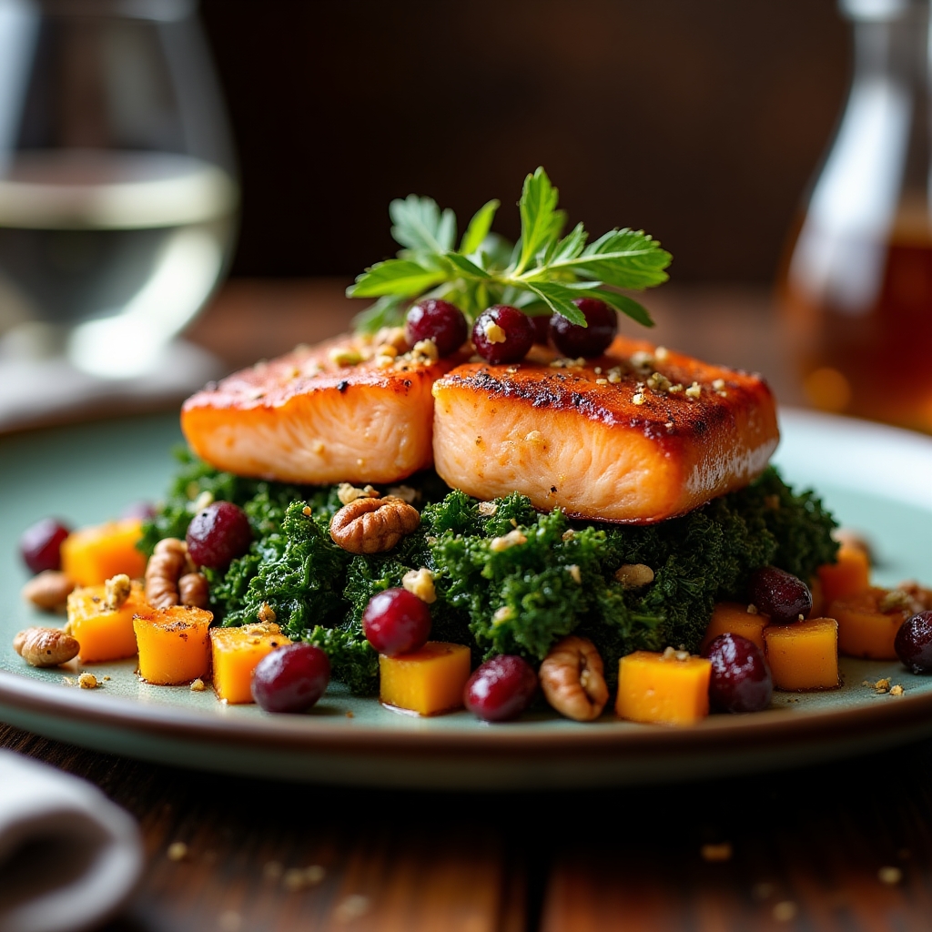 Charred Sockeye Salmon Salad with Roasted Butternut & Black Kale presentation