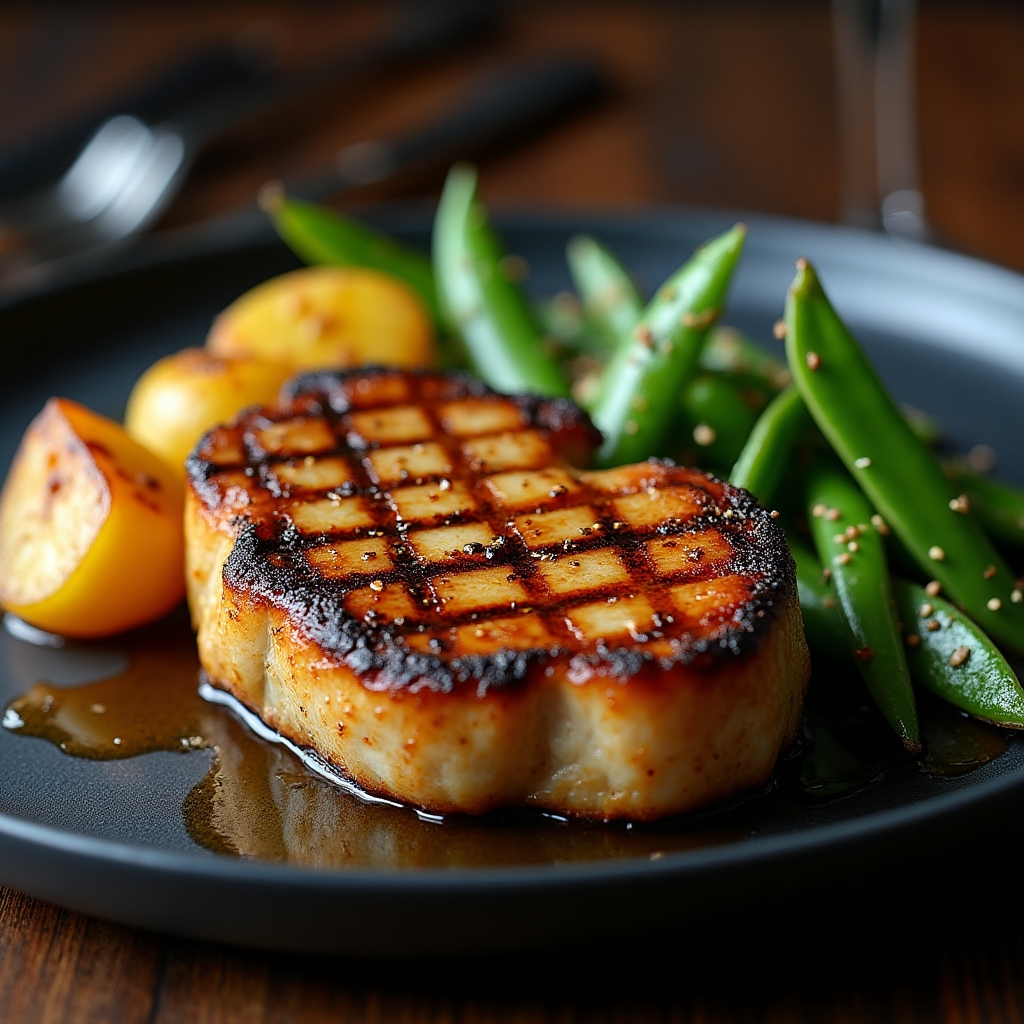 Grilled Berkshire Chop with Citrus-Honey Glaze presentation