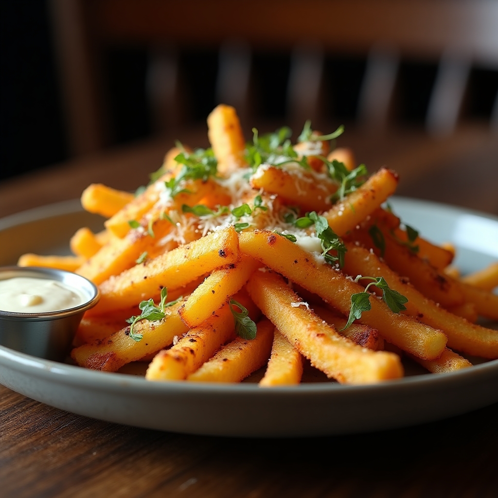 Trio of Crispy Fries with Trio of Dips presentation