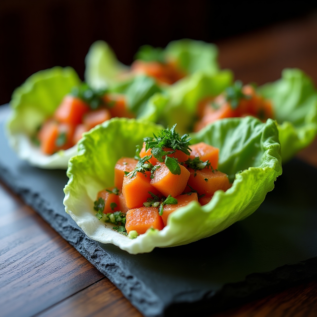 Chili-Lime Sockeye Poke Lettuce Wraps presentation