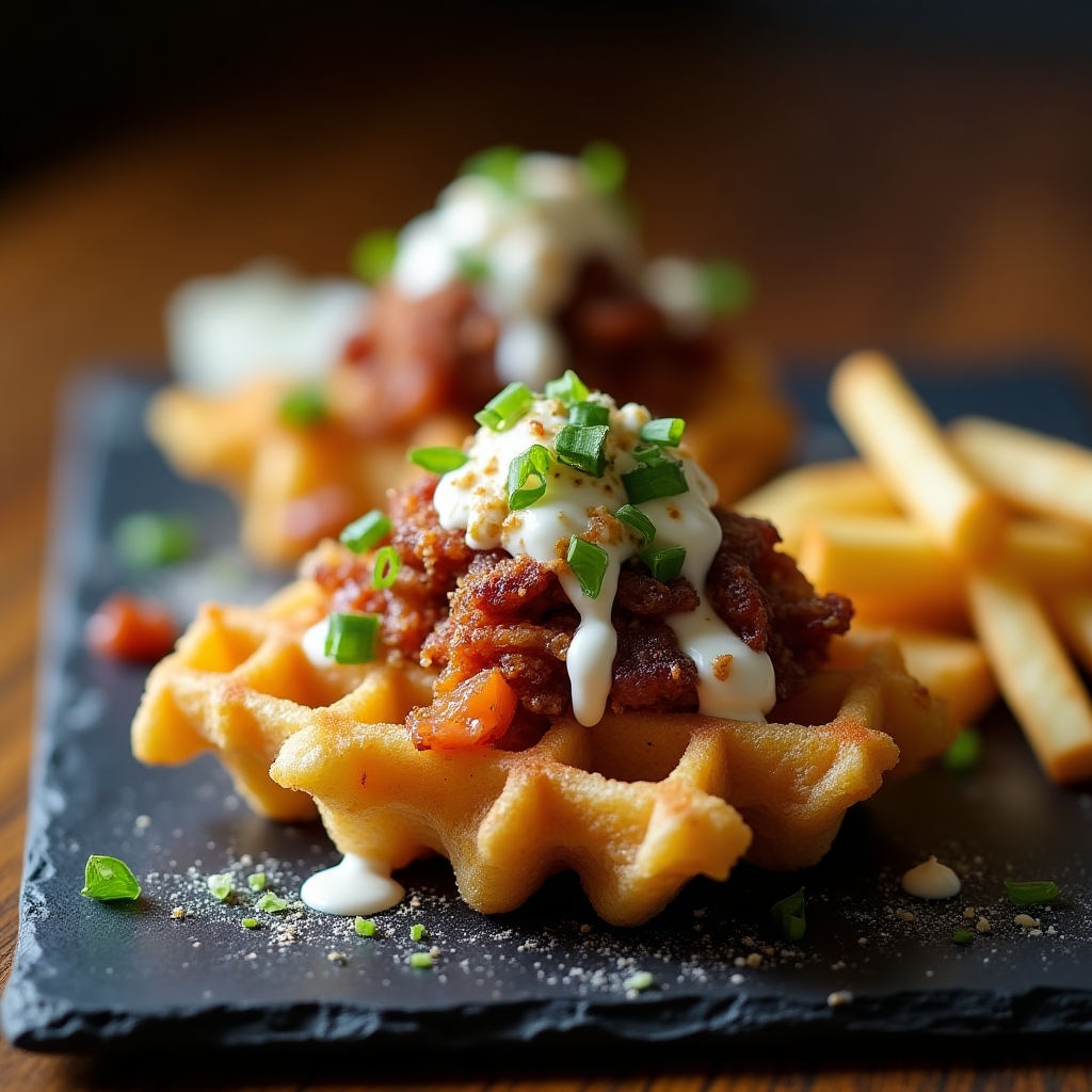 Blue Cheese & Bacon Waffle Fry Flight presentation