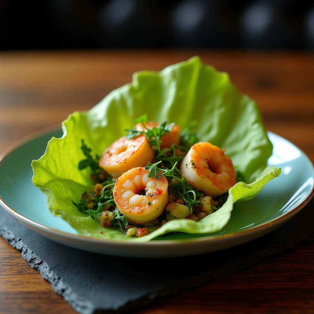 Chili-Lime Sockeye Prawn Lettuce Wraps presentation