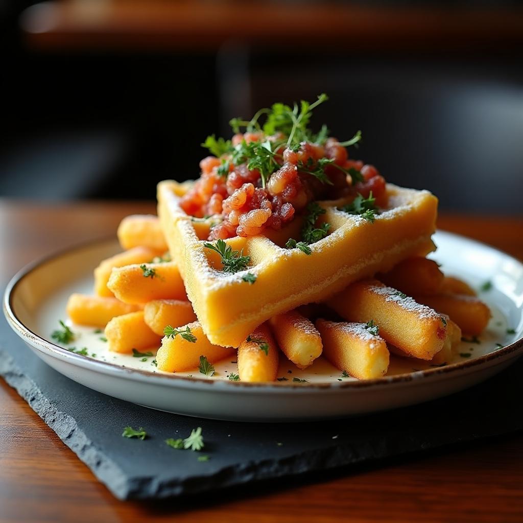 Blue Cheese & Bacon Waffle Fry Flight presentation