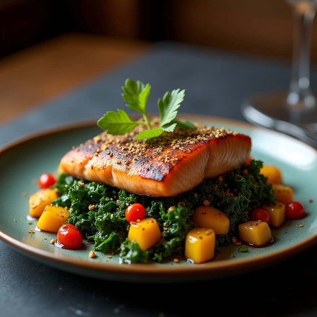 Grilled Sockeye Salad with Butternut Hazelnut Dukkah presentation