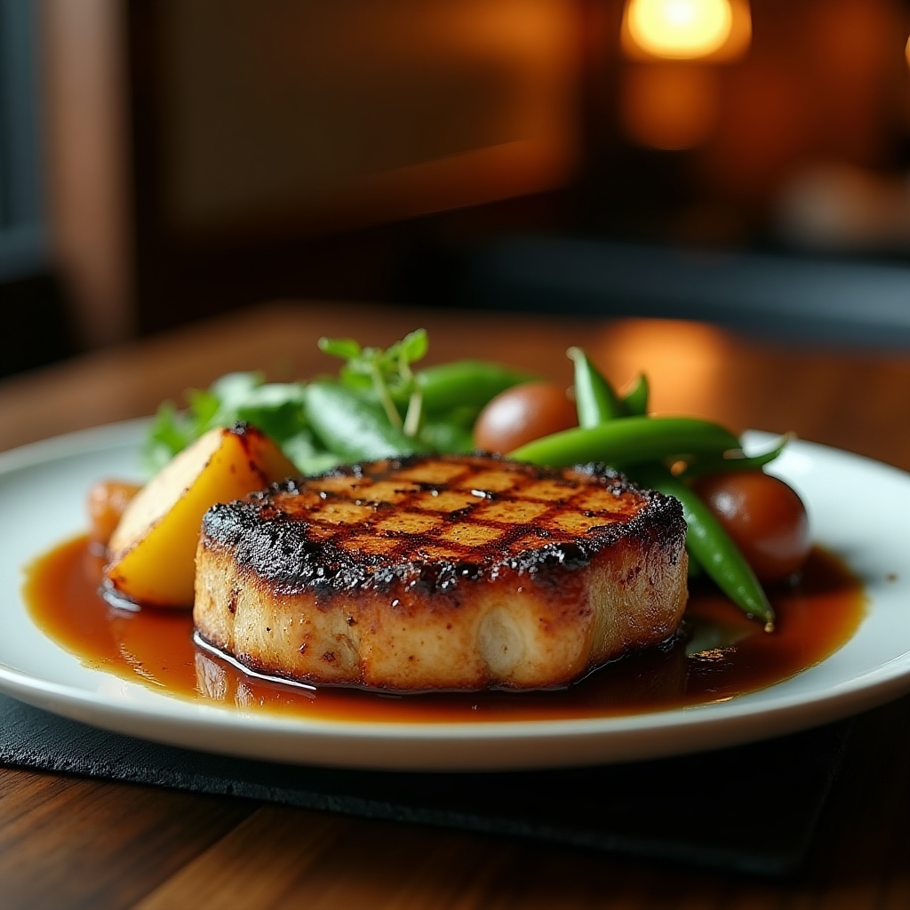 Riverside Honey Bourbon Grilled Pork Chop presentation