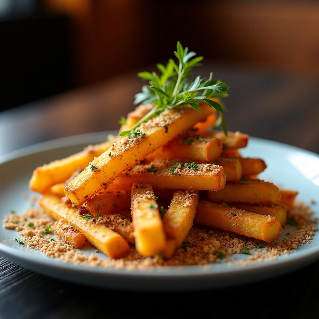 Hazelnut Dukkah Yam Fries presentation