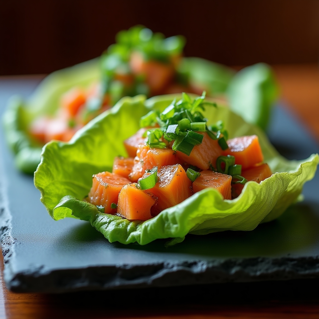 Chili-Lime Sockeye Poke Lettuce Cups presentation