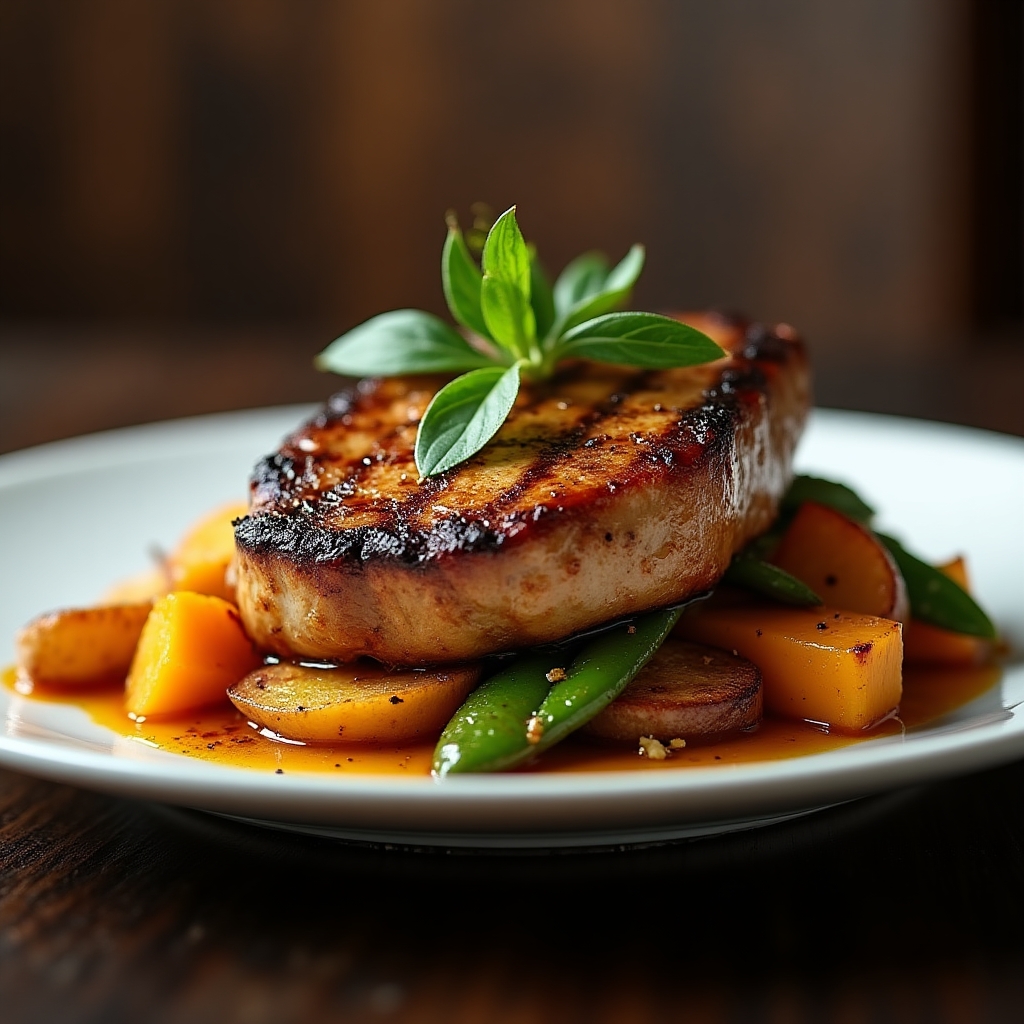 Grilled Berkshire Chop with Harvest Glaze presentation