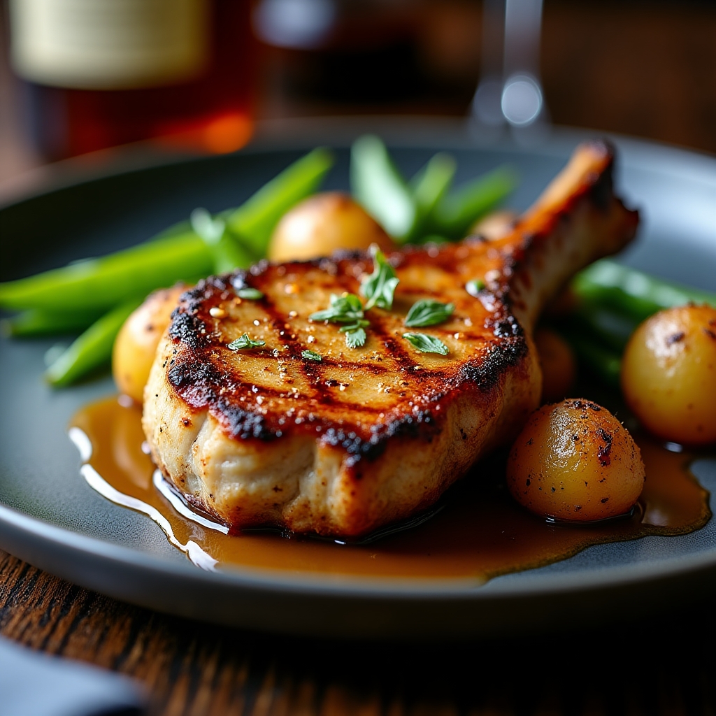 Grilled Berkshire Pork Chop with Maple Bourbon Glaze presentation