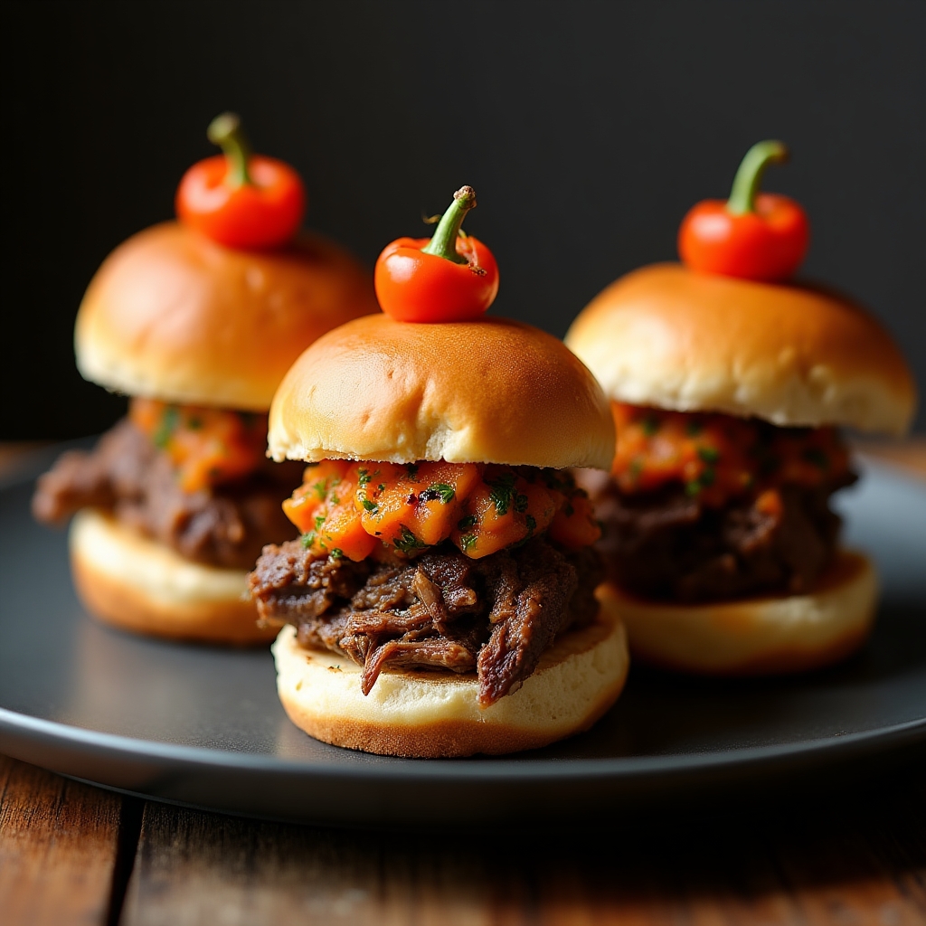 Short Rib Sliders with Carrot Romesco and Grilled Florentino presentation