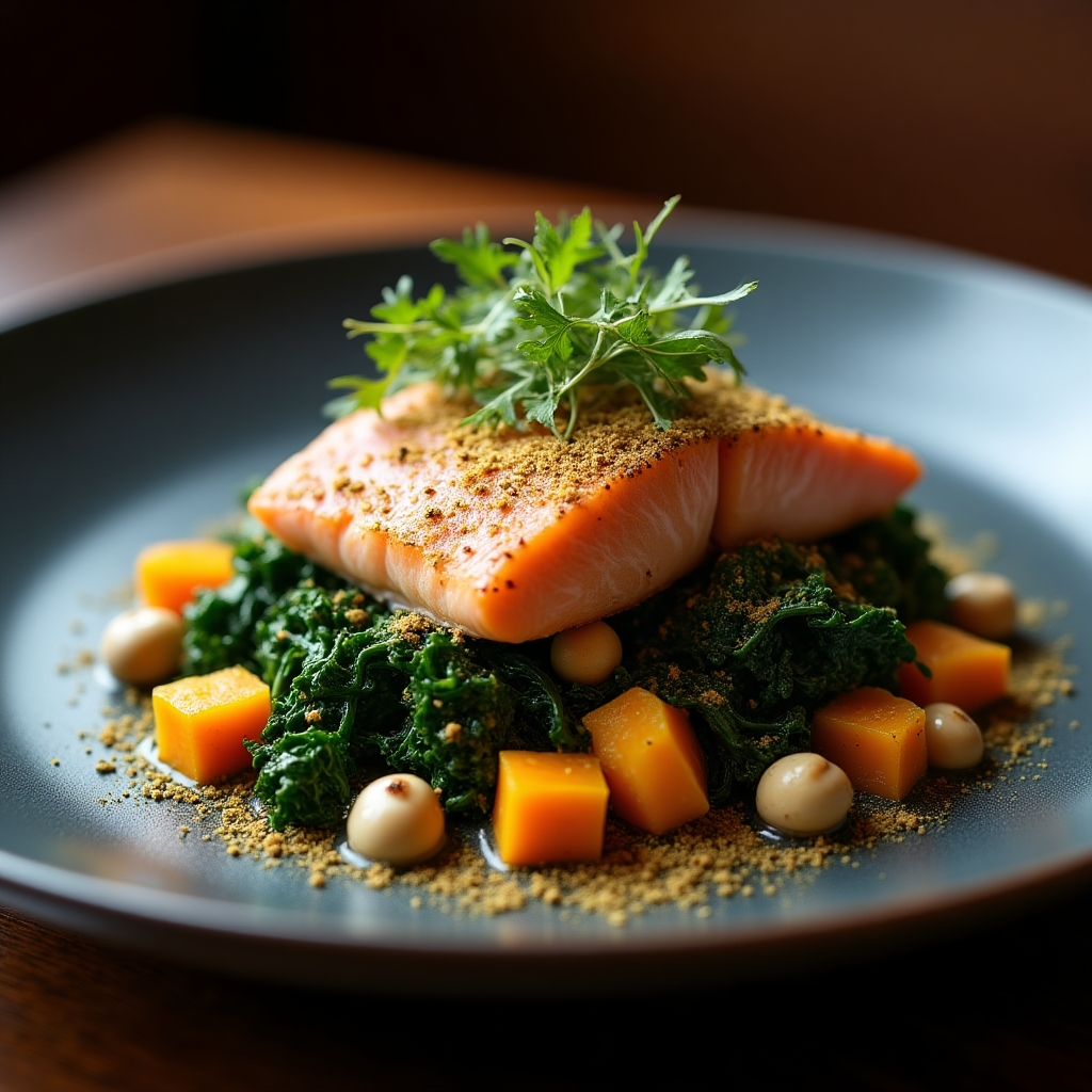 Roasted Sockeye and Hazelnut Kale Salad presentation