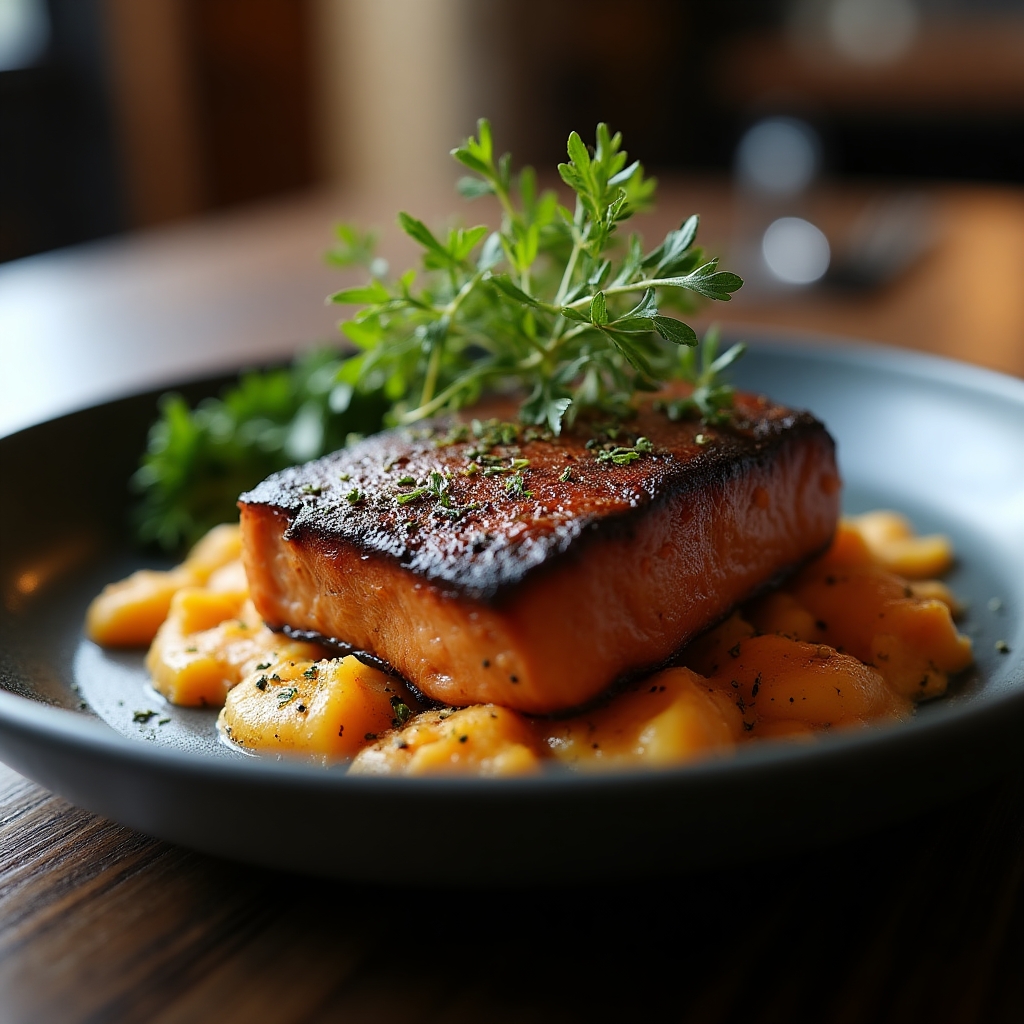 Cedar-Smoked Ribeye & Sockeye Duo presentation