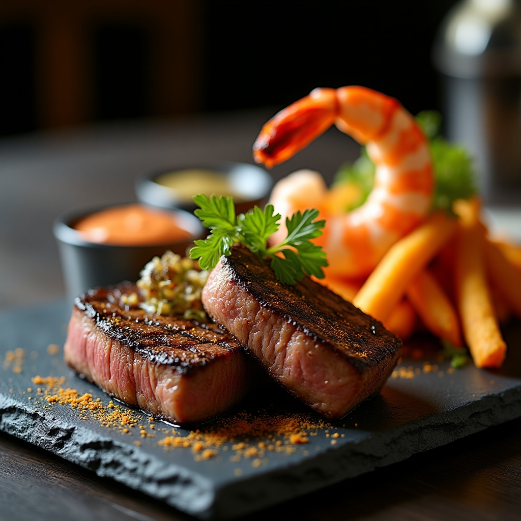 Pacific Steak & Prawn Share Plate presentation