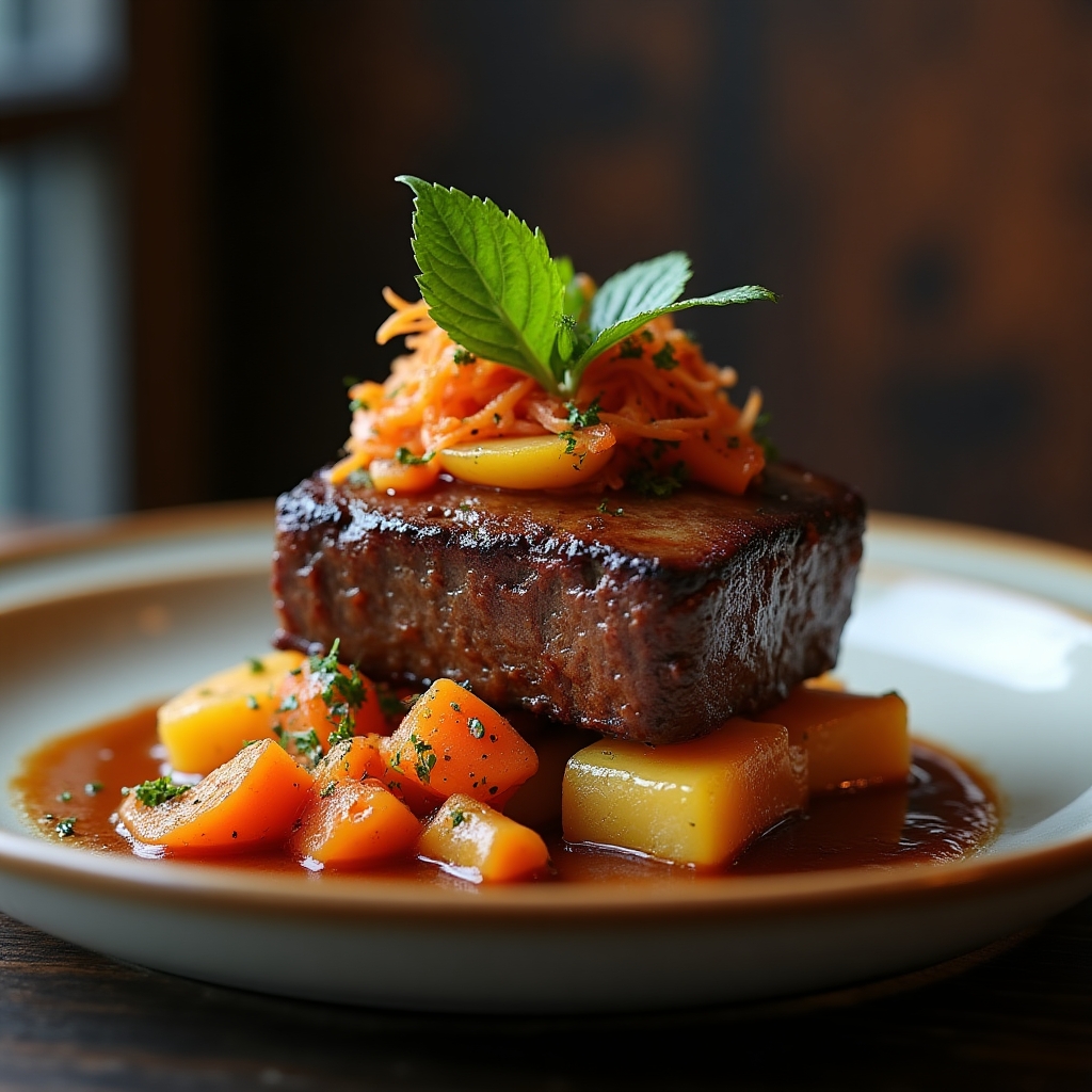 Braised Short Rib & Roasted Fingerling Duo presentation