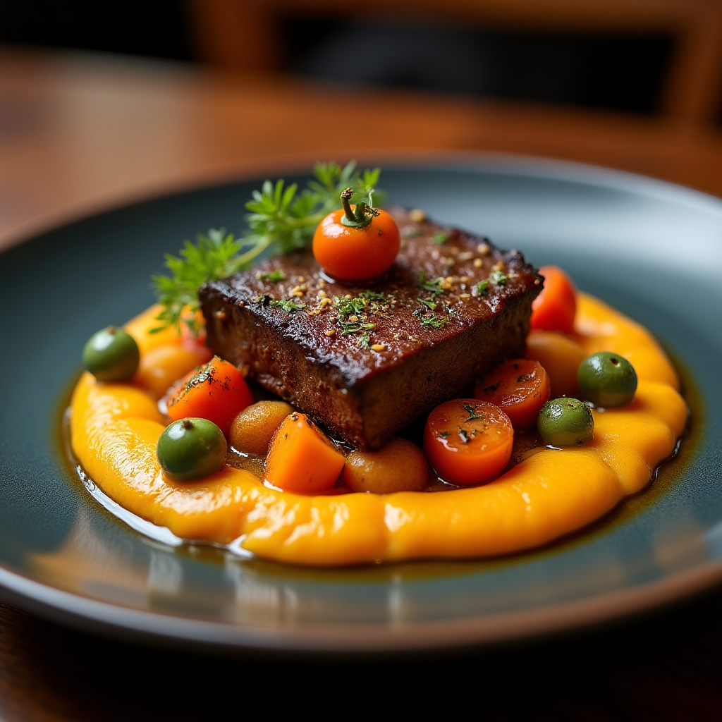 Cider-Braised Short Rib with Roasted Root Puree presentation