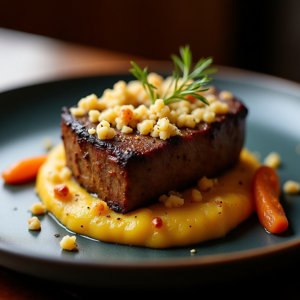 Charred Venison Chop with Hoko Cheese Crust presentation