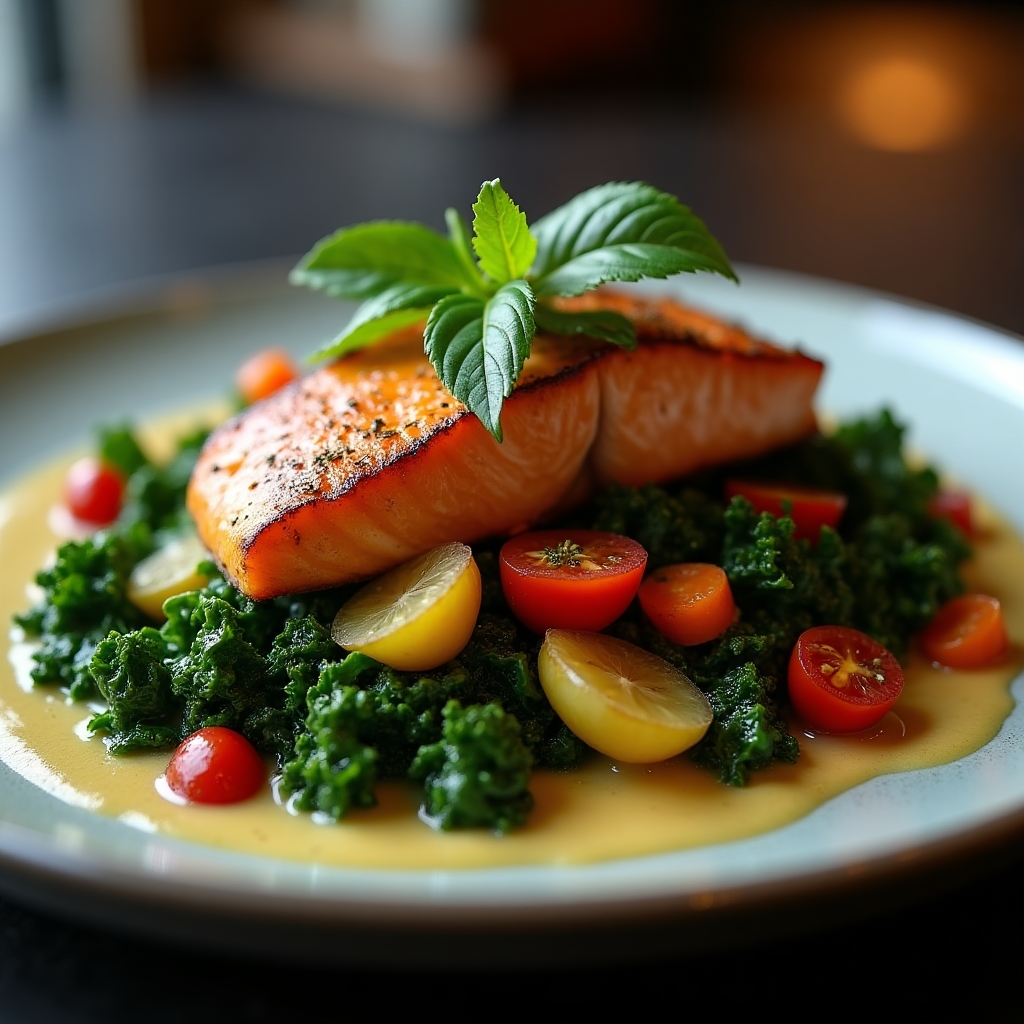 Warm Smoked Sockeye Salmon & Black Kale Salad with Roasted Root Veggies presentation
