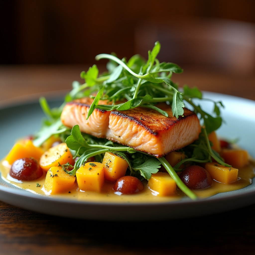 Warm Roasted Root & Smoked Salmon Salad presentation