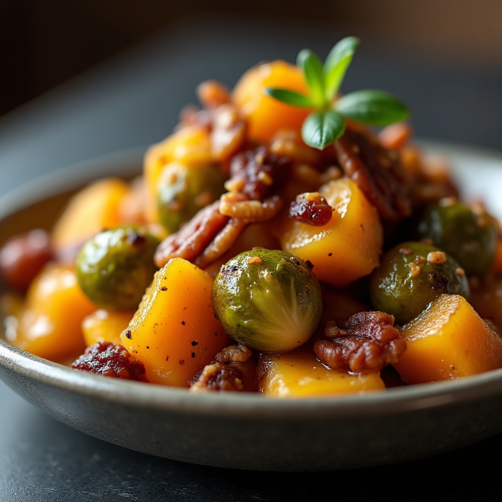 Roasted Brussels Sprouts & Butternut Squash Bar Bites with Candied Pecans and Warm Vinaigrette presentation