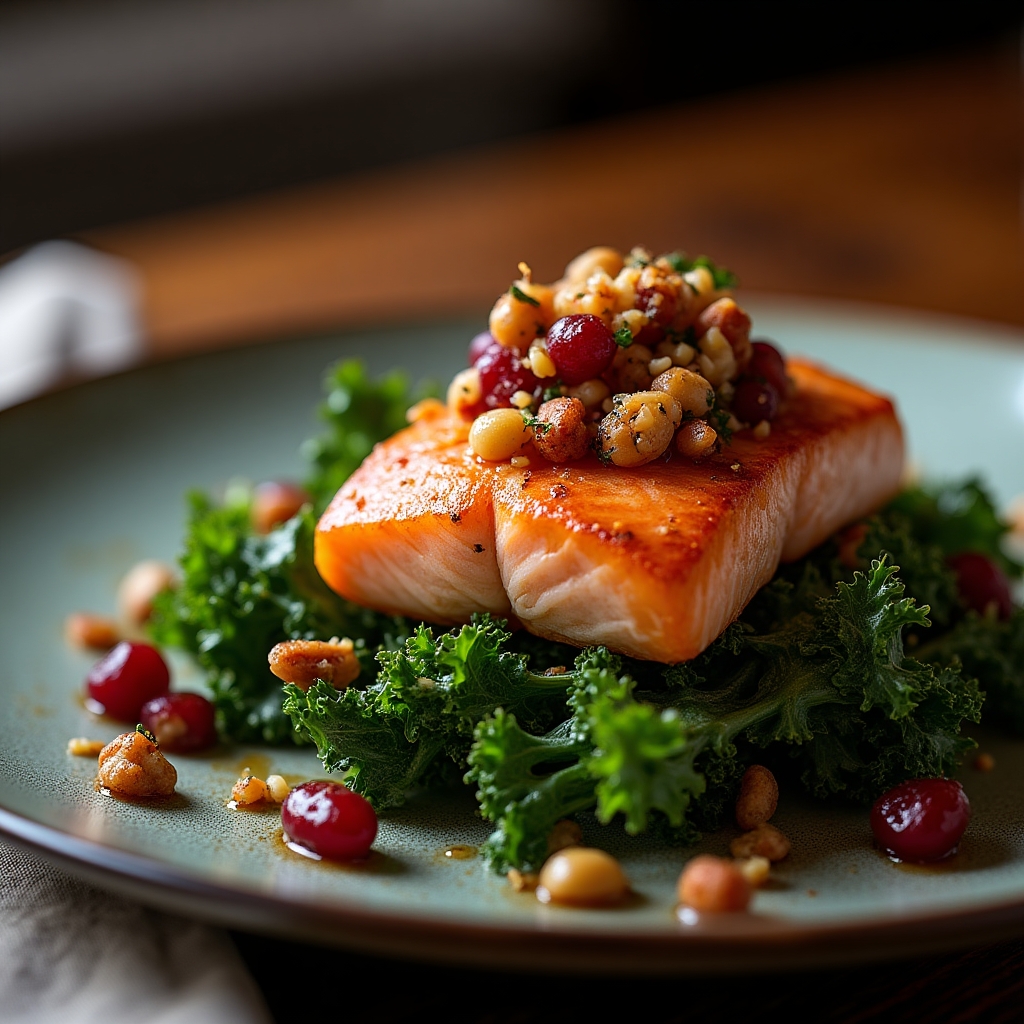 Warm Roasted Sockeye & Cranberry Black Kale Salad presentation
