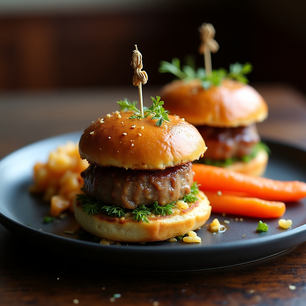 Hazelnut Gremolata Pork Chop Sliders with Apple Brandy Glazed Carrots presentation