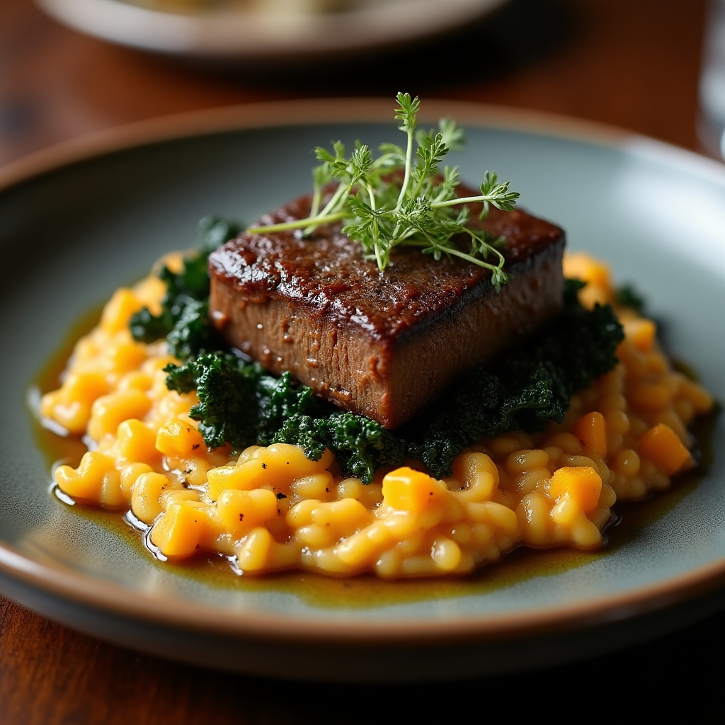 Maple-Braised Short Rib with Roasted Glenwood Butternut Risotto presentation
