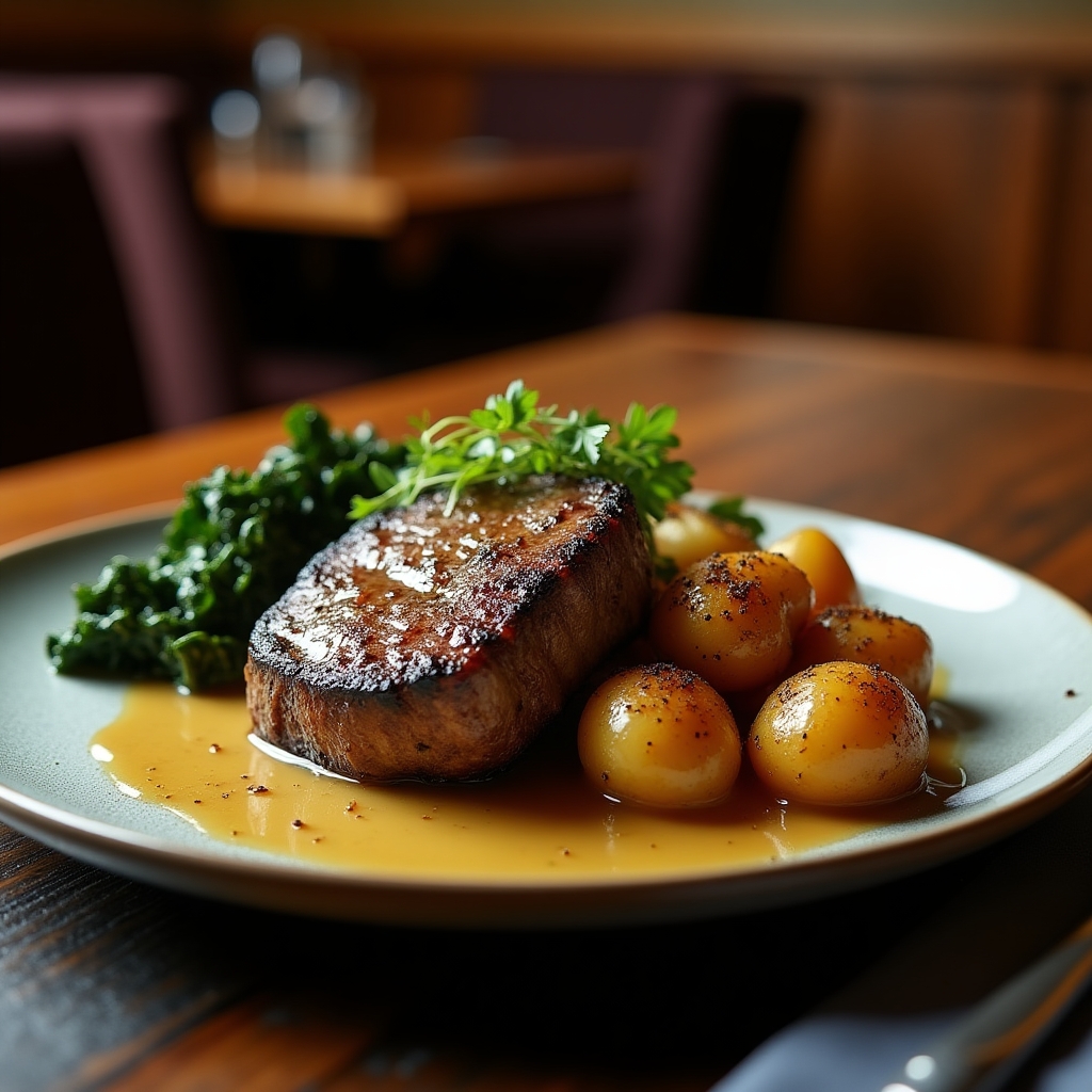 Cider-Glazed Ribeye with Roasted Fingerlings presentation