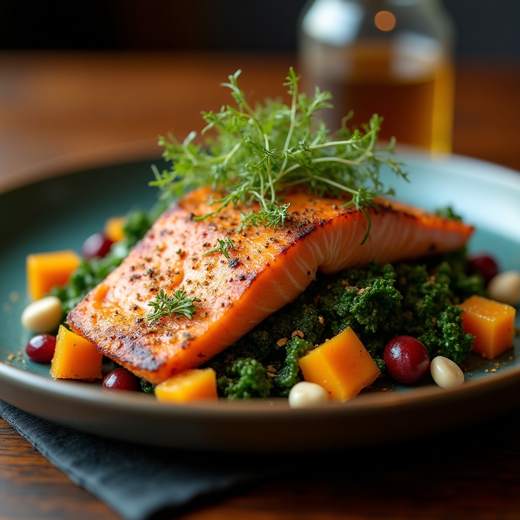 Warm Black Kale & Smoked Salmon Harvest Salad presentation