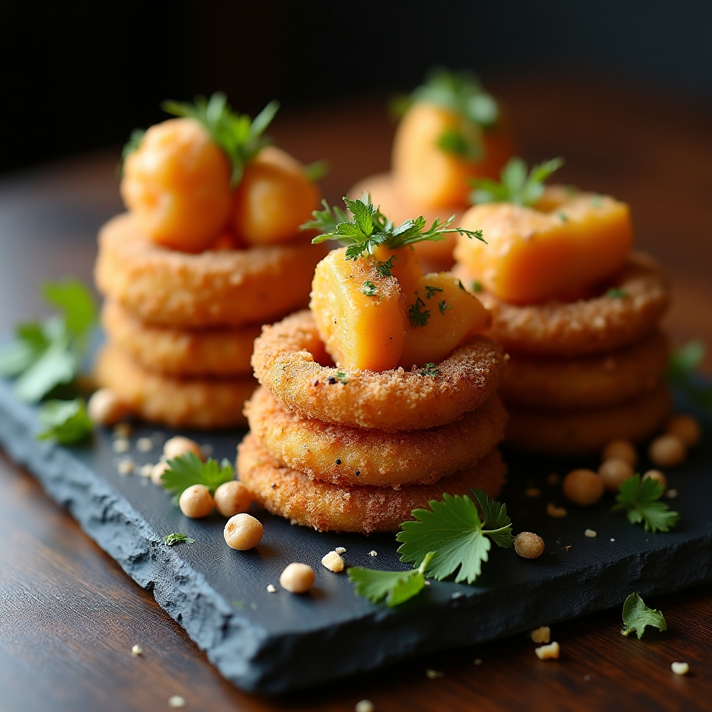 Rustic Bar Board with Hazelnut-Crusted Onion Rings & Chili-Lime Prawns presentation