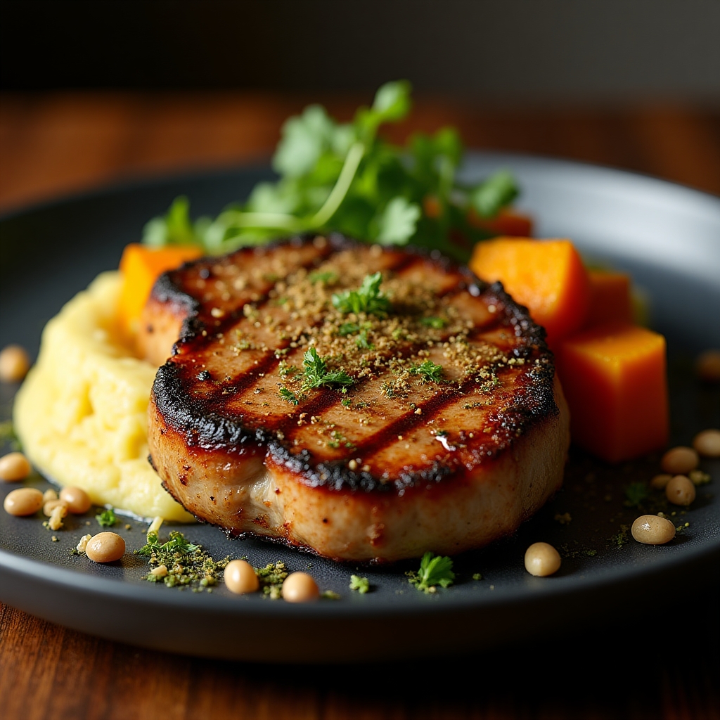 Hazelnut Gremolata Berkshire Chop presentation
