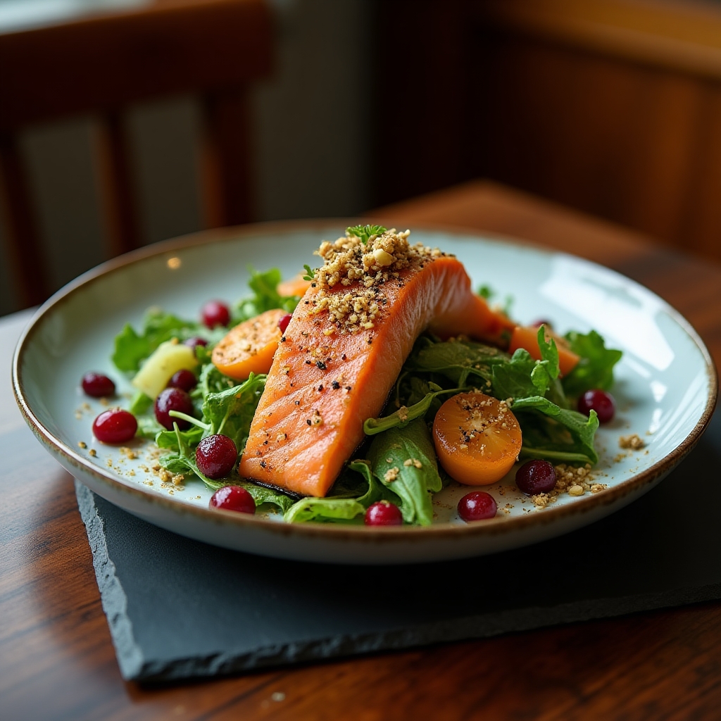 Warm Sockeye & Cranberry Harvest Salad presentation
