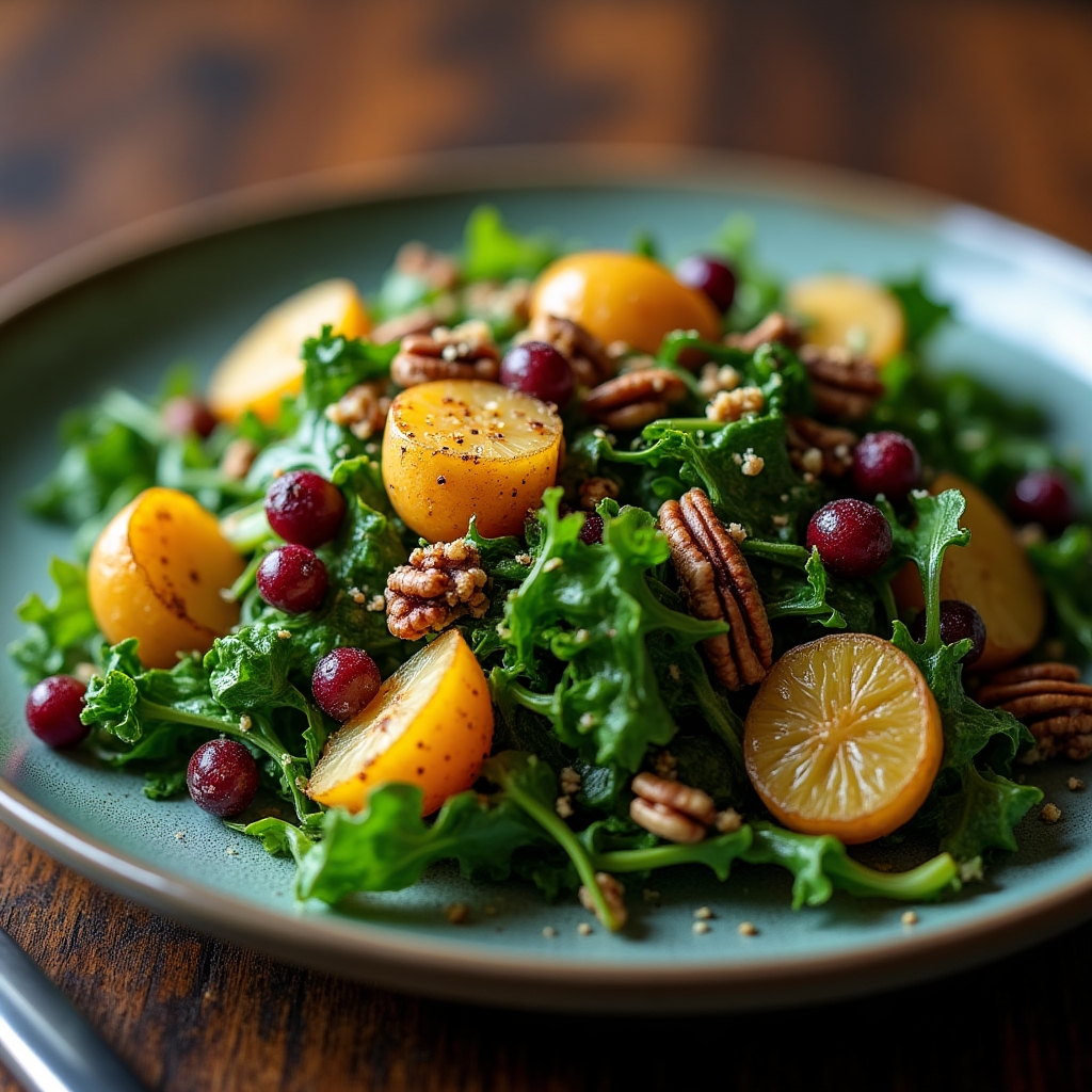 Warm Black Kale & Cranberry Salad with Crispy Fingerlings presentation