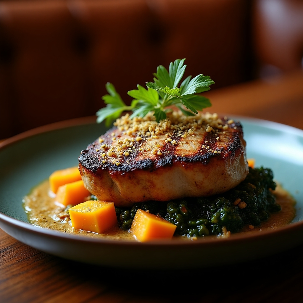 Hazelnut Gremolata Berkshire Pork Chop presentation