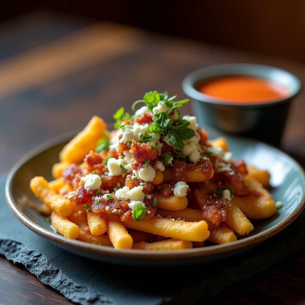 Blue Cheese & Bacon Waffle Fry Flight presentation