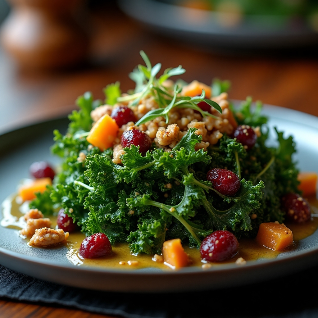 Warm Roasted Black Kale and Cranberry Salad presentation
