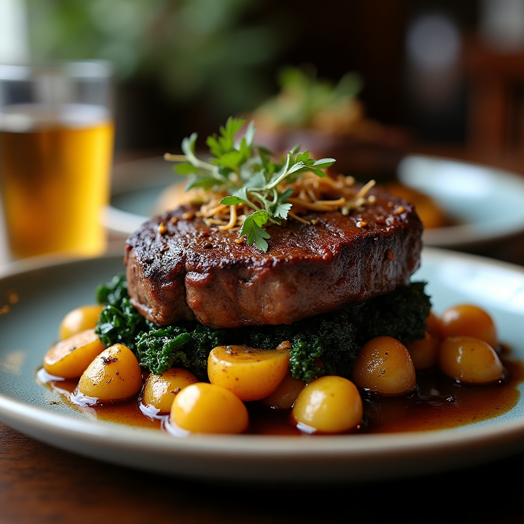Applewood Smoked Ribeye with Cider-Glazed Fingerlings presentation