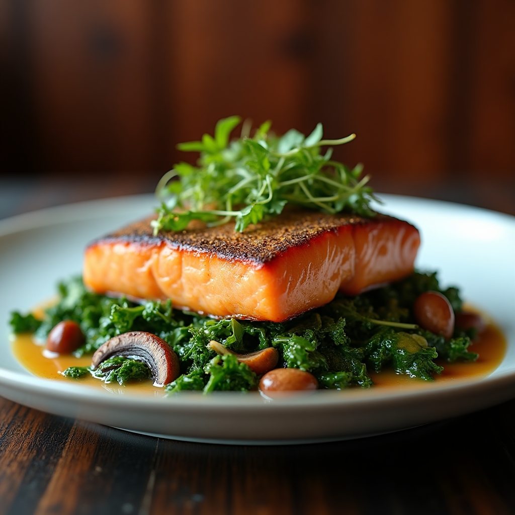 Harvest Greens & Sockeye Salad presentation