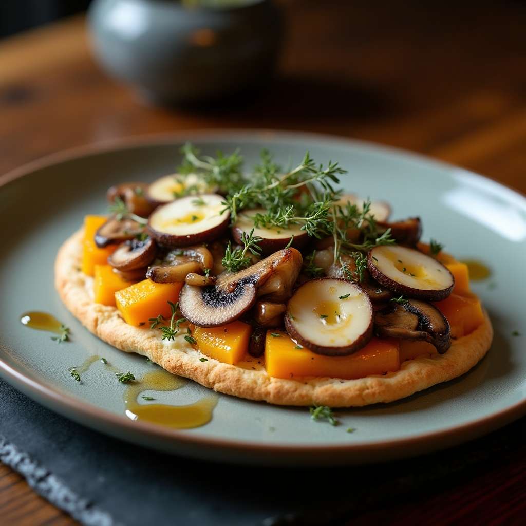 Golden Mushroom & Brie Flatbread presentation