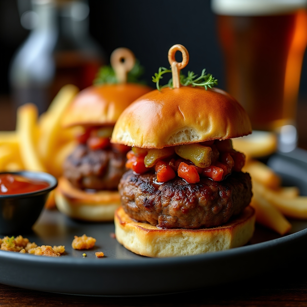 Smoky Whiskey-Glazed Beef & Chorizo Sliders Trio presentation